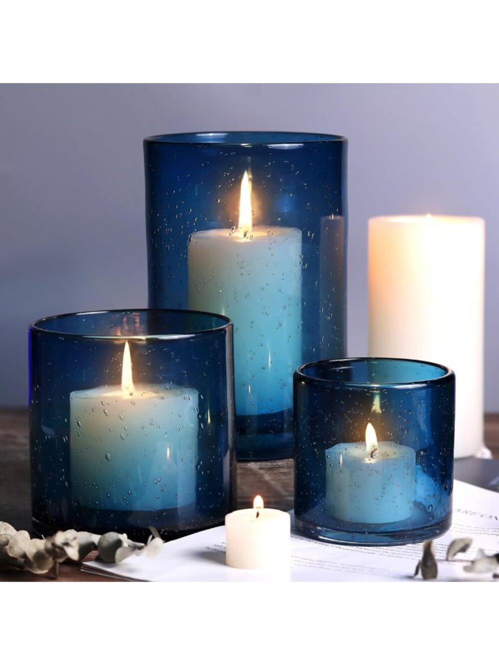Set of 3 Blue Glass Hurricane Candle Holders - Pillar Candle Vases for Home